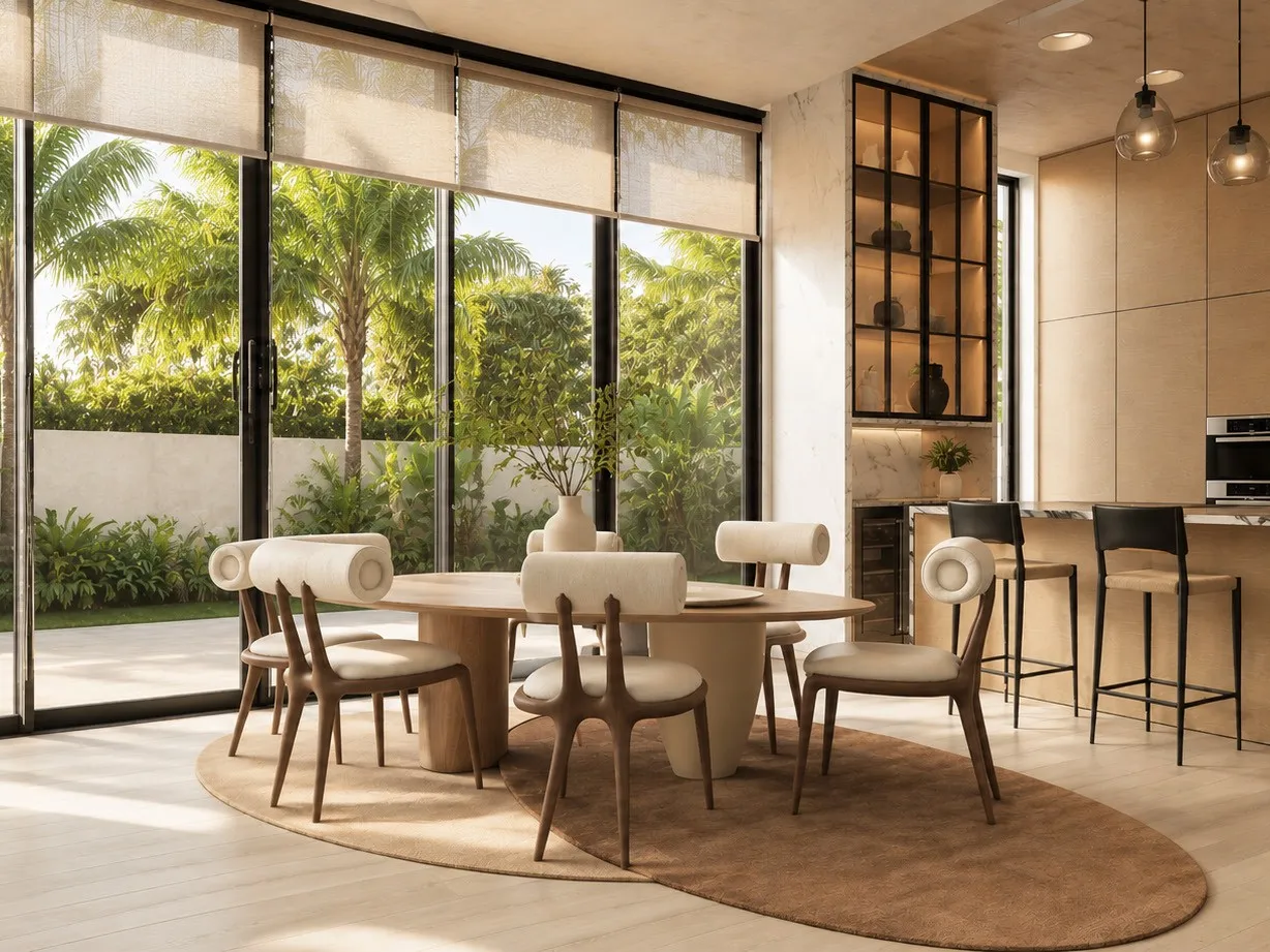 Dining room — oval oak table beneath a wall of glass to the garden