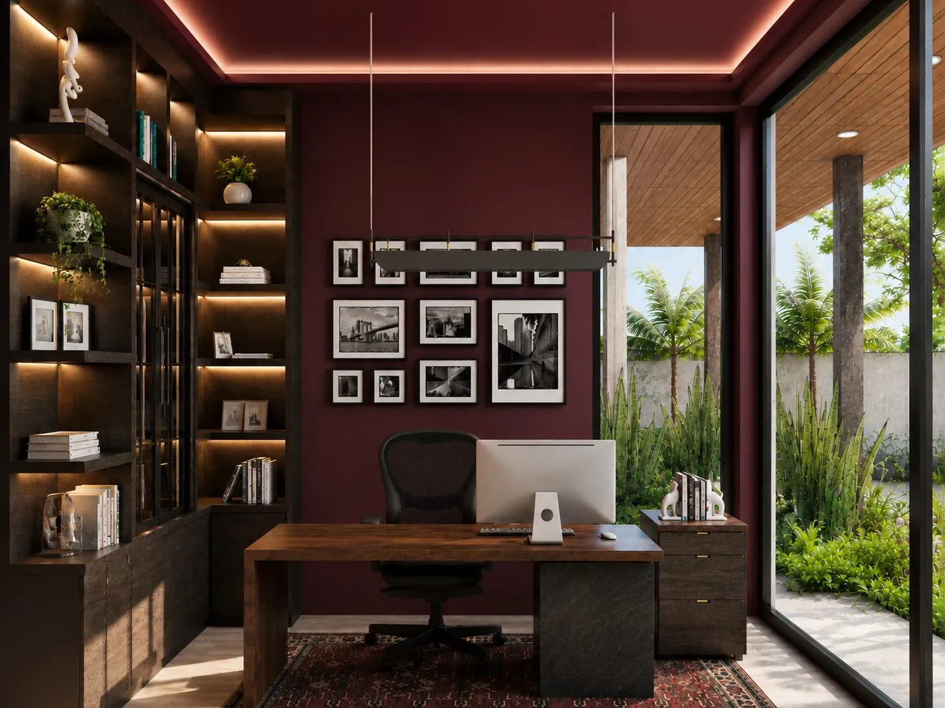 Office — burgundy walls, walnut joinery, ocean view