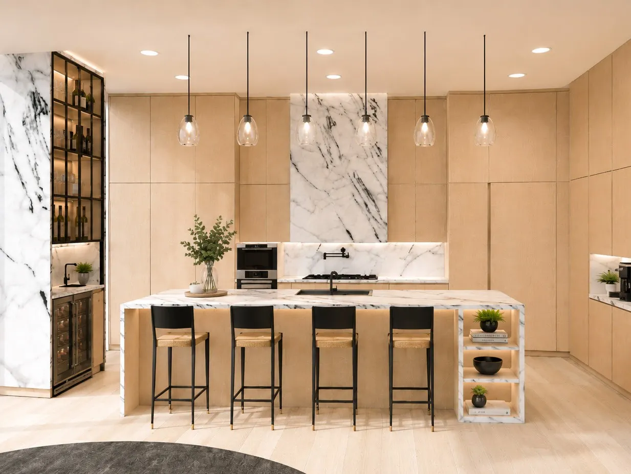 Kitchen — white oak cabinetry, calacatta marble waterfall island, glass pendants