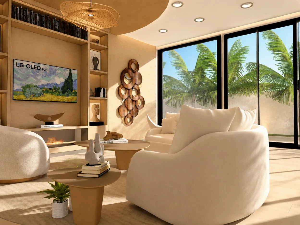 Smith's Residence living room with curved seating and palm views