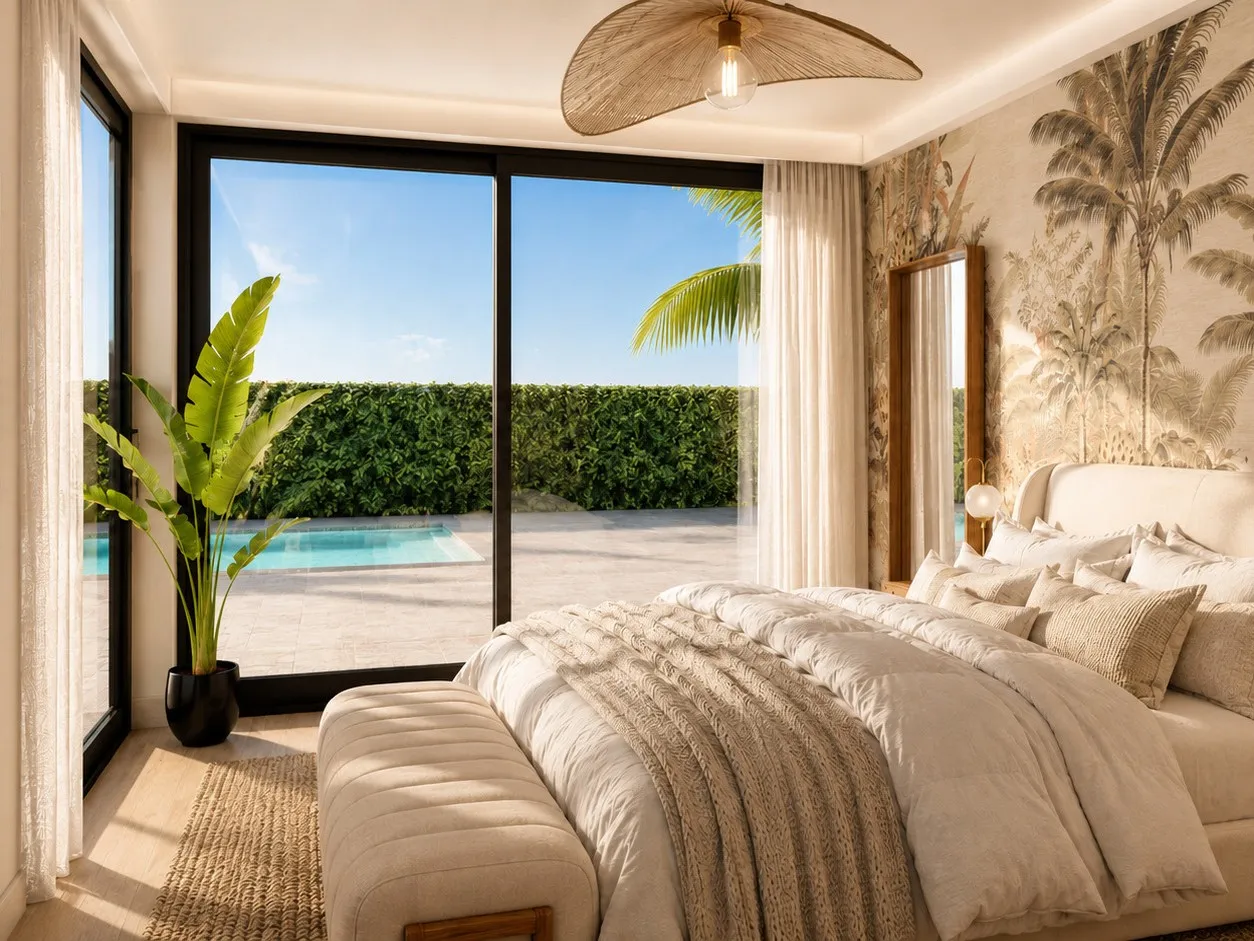 Main bedroom — tropical mural headboard wall opening to the pool